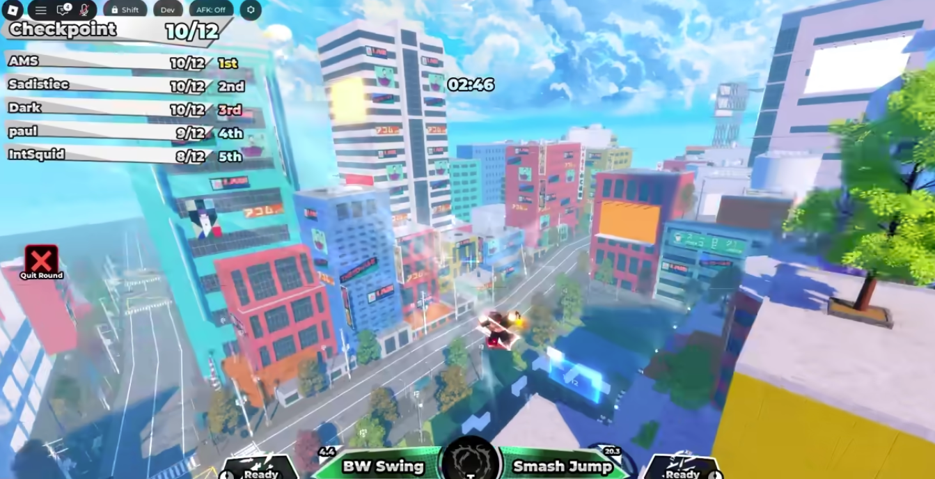 Parkour Champions race screenshot showing checkpoint tracker and a colorful city map with tall buildings