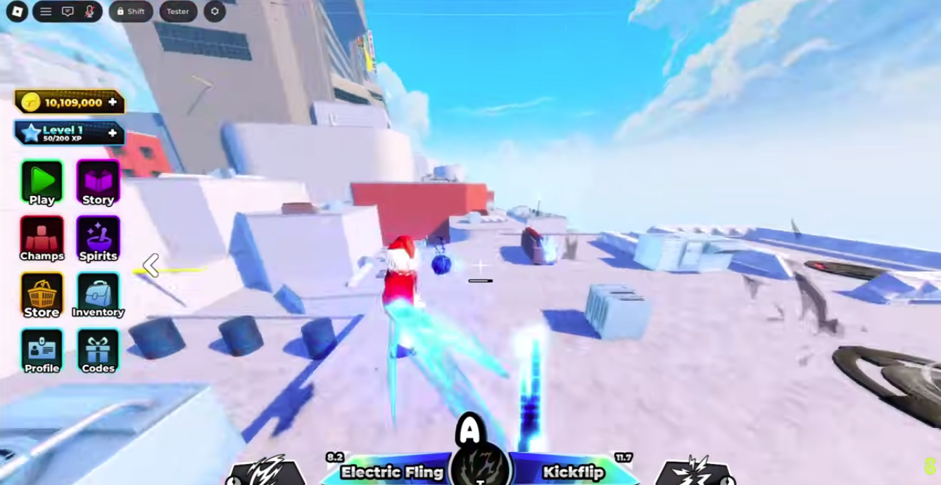 Parkour Champions gameplay HUD showing the left-side menu with the Codes button