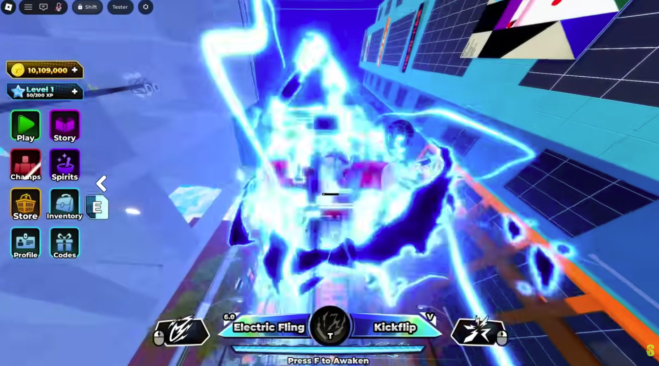 Parkour Champions screenshot showing the ability bar with Style key prompts including V and T during a lightning effect