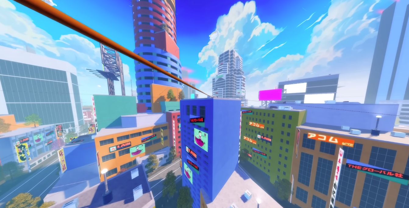 Parkour Champions city environment screenshot with colorful buildings and a high traversal line across the skyline